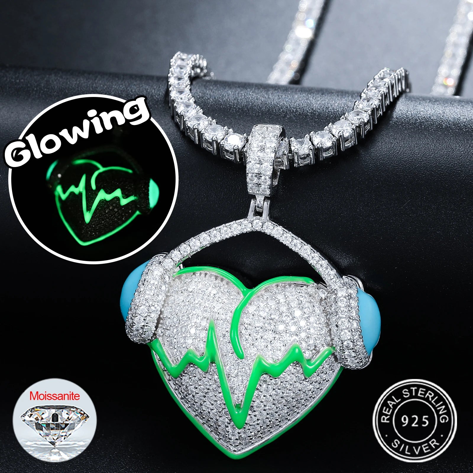 S925 Moissanite Luminous Heart With Earphone Pendant