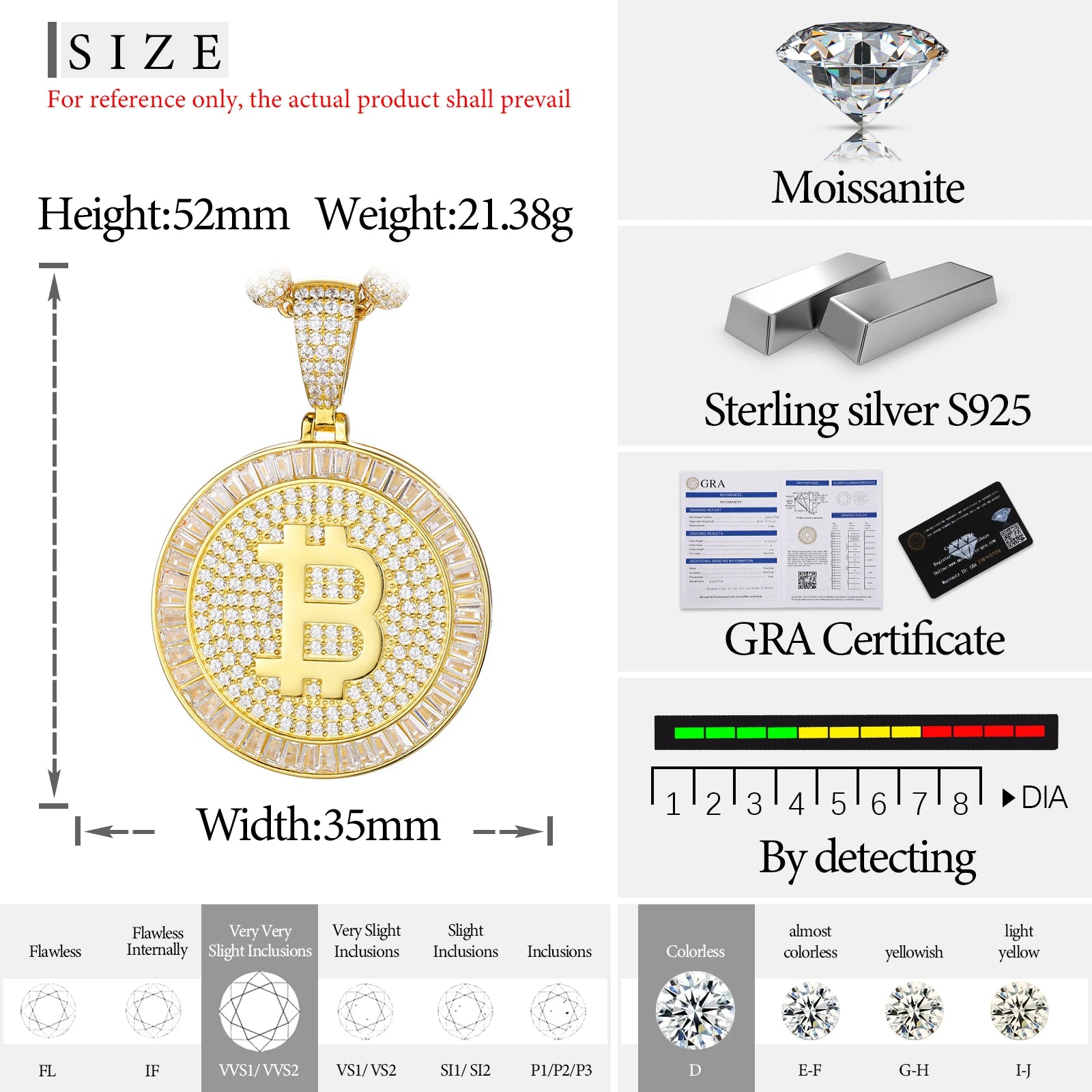 S925 Moissanite Baguette Curve Bitcoin Diamond Pendant
