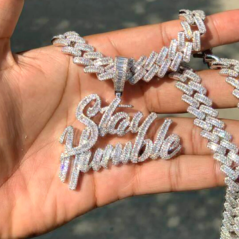 Iced Out Cursive "Stay Humble" Baguette Diamond Letter Pendant Necklace