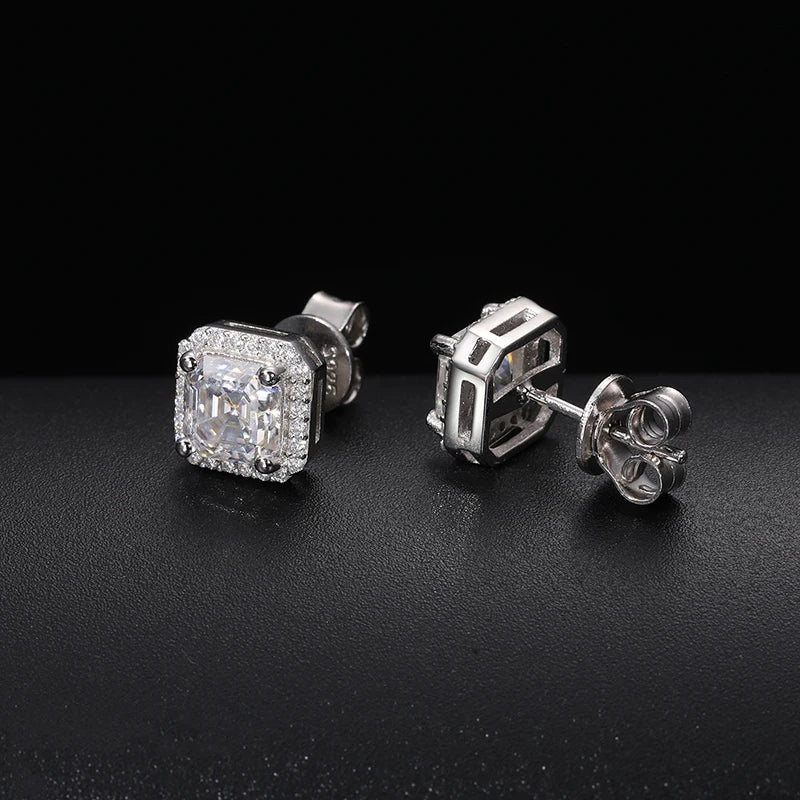 S925 Moissanite Asscher Cut Halo Stud Earrings