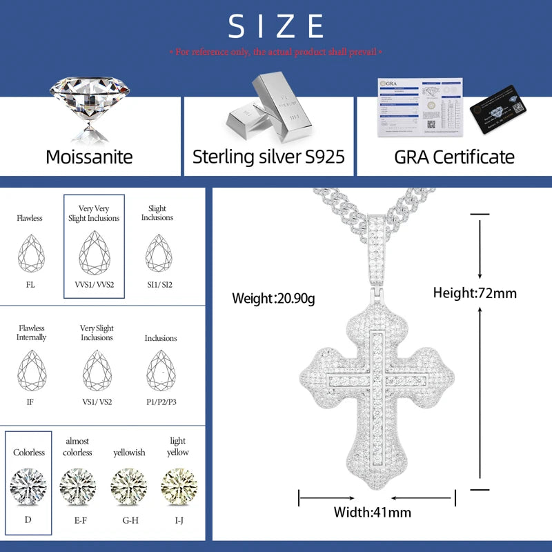 S925 Moissanite Diamond Full Inline Baguette Royal Cross Pendant