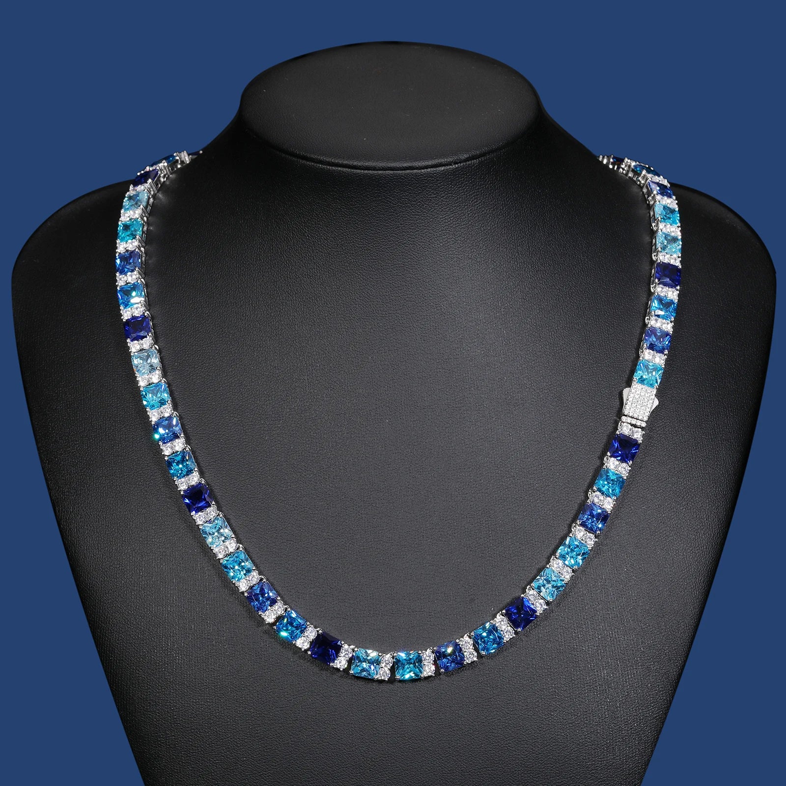 Blue Mixed Oval Cut Tennis Necklace - 7.5mm