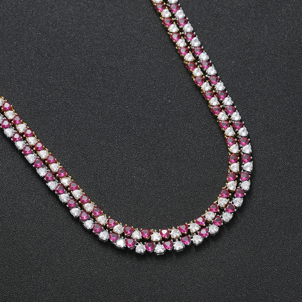 Two-Tone Ruby Heart Shape Tennis Necklace - 5mm