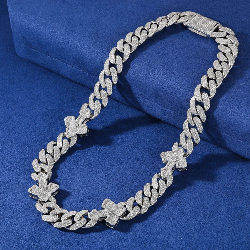 S925 Moissanite Royal Cross Stationed Cuban Link Chain - 23mm