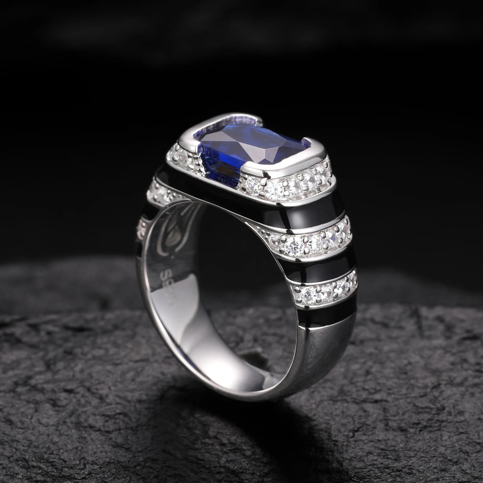 S925 Blue Sapphire and Black Enamel Emerald Cut Ring