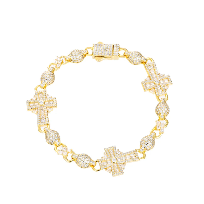 S925 Moissanite Diamond Iced Royal Cross Link Bracelet - 14mm