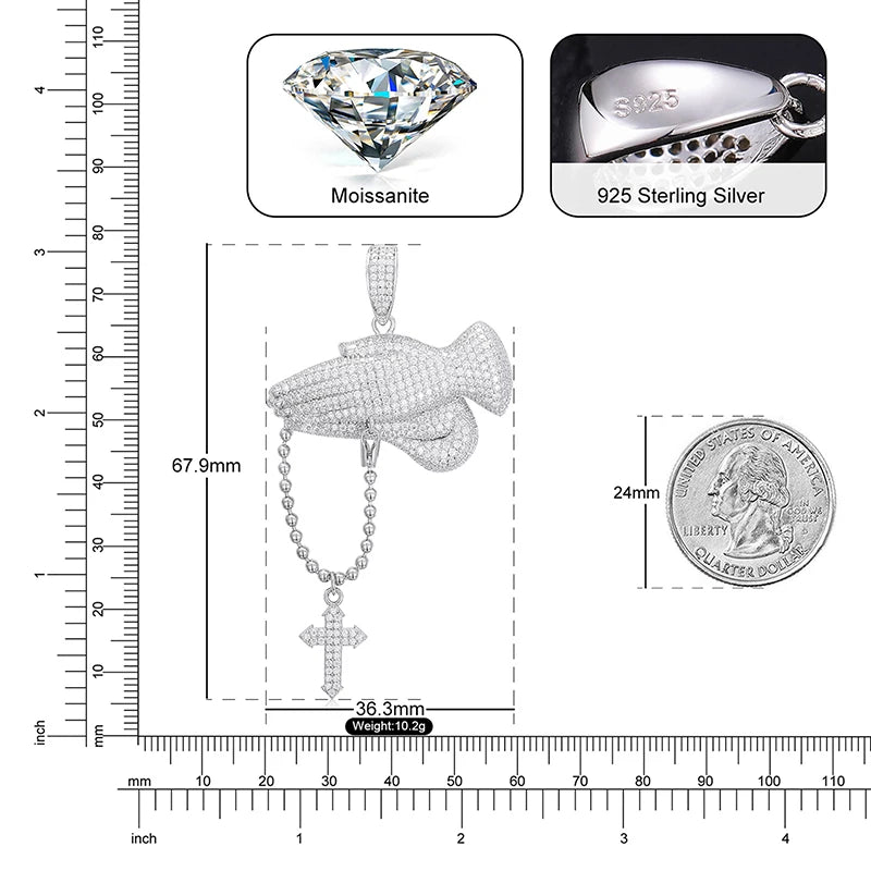 S925 Moissanite Praying Hands Diamond Pendant - Silver