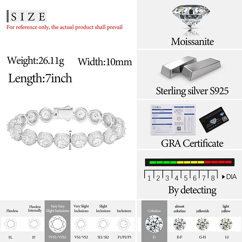 S925 Moissanite Diamond Round Clustered Tennis Bracelet - 10mm