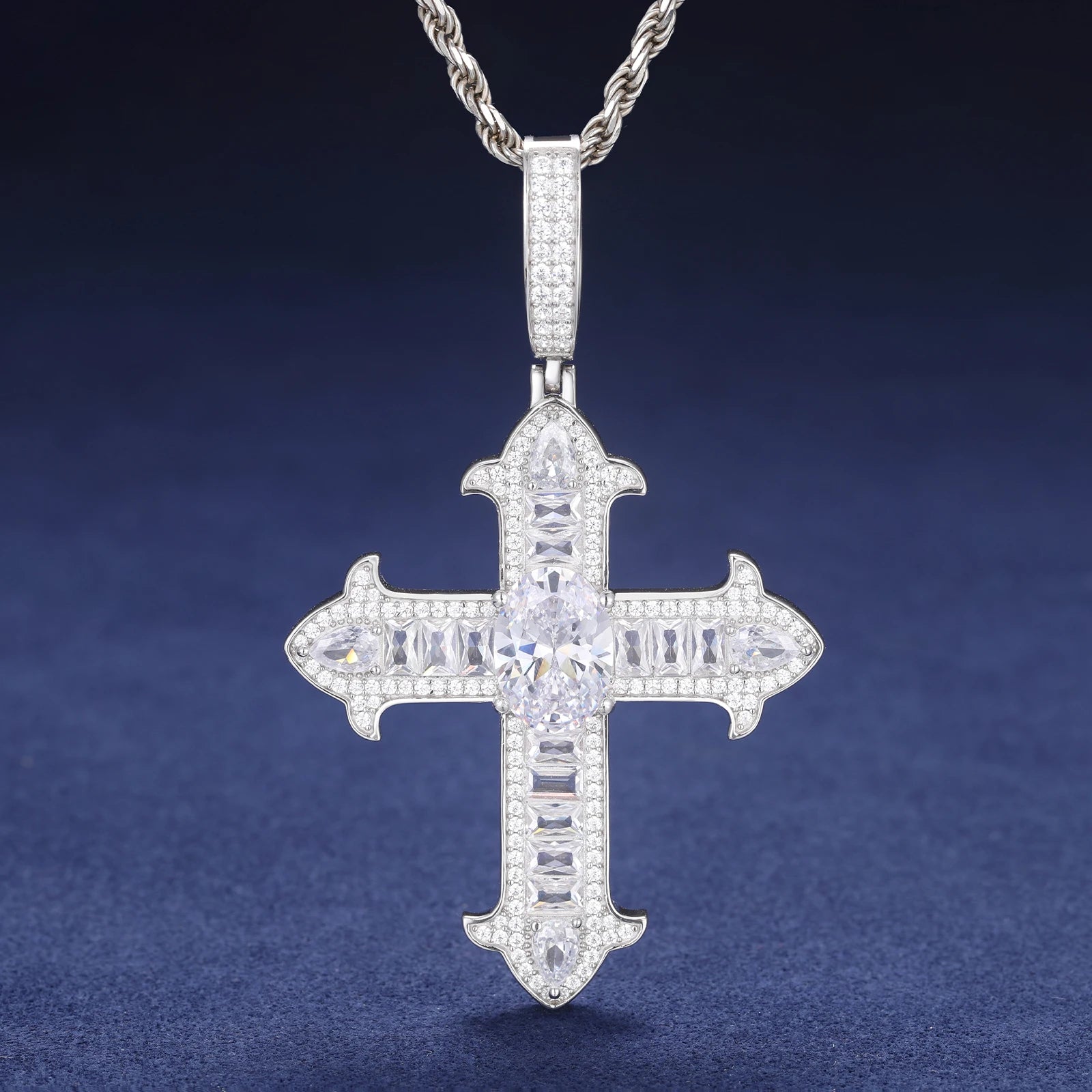 S925 Moissanite Oval Cut Center Diamond Cross Pendant