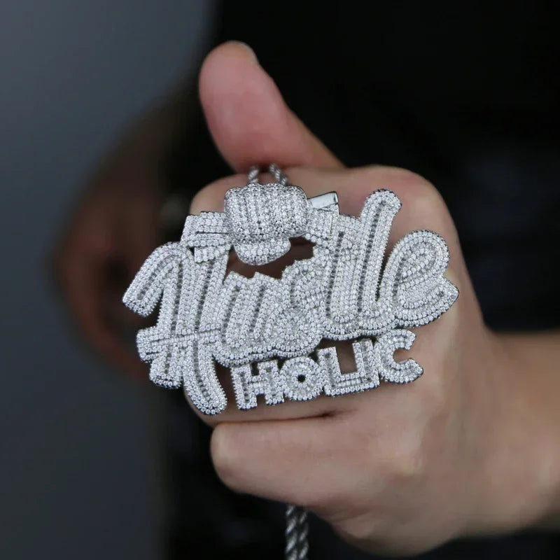 Iced "Hustle Holic" Letter Pendant Necklace