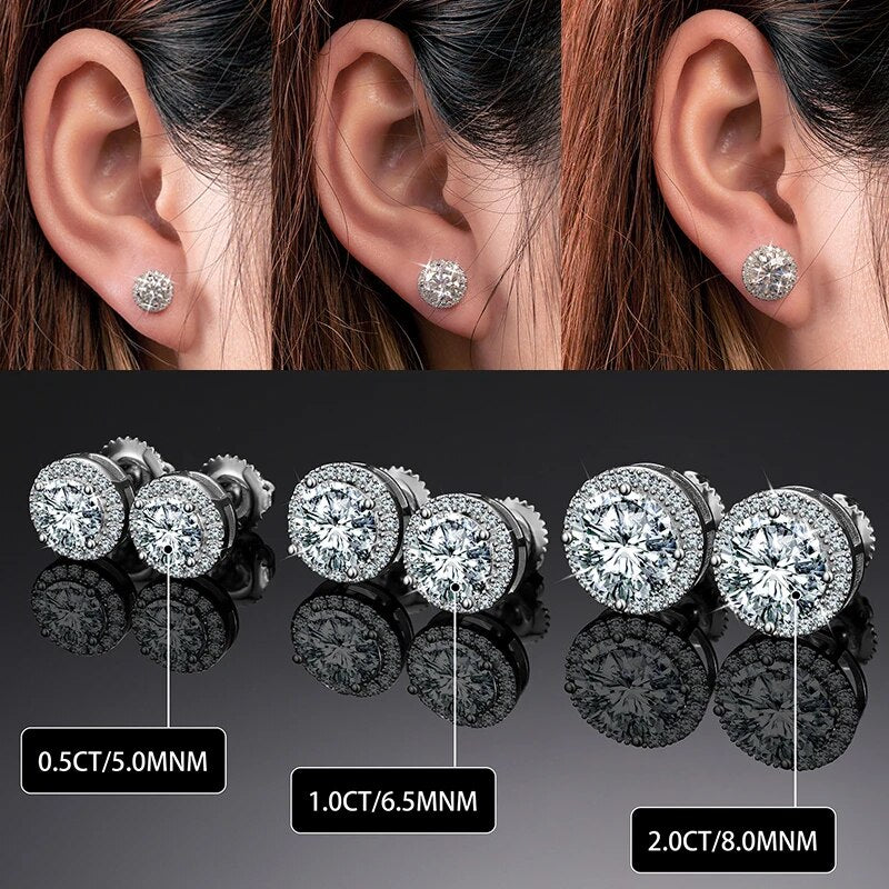 925 Sterling Silver Real 0.5-2CT Moissanite Round Diamond Stud Earrings