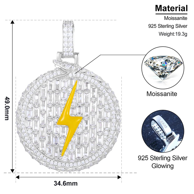 S925 Moissanite Baguette Round Lightning Bold Pendant