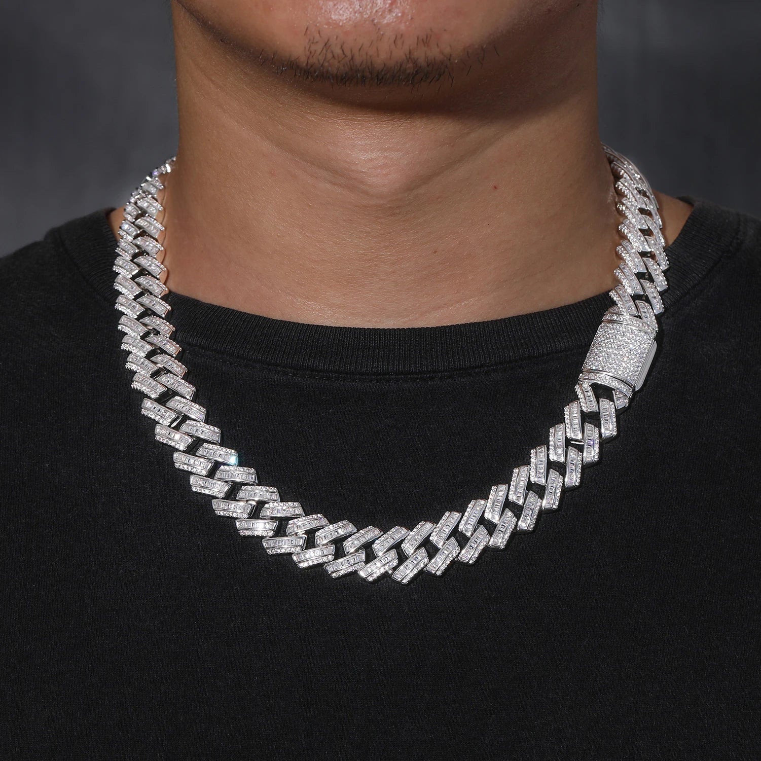 S925 Moissanite Prong Baguette Diamond Cuban Link Chain Necklace - 14mm