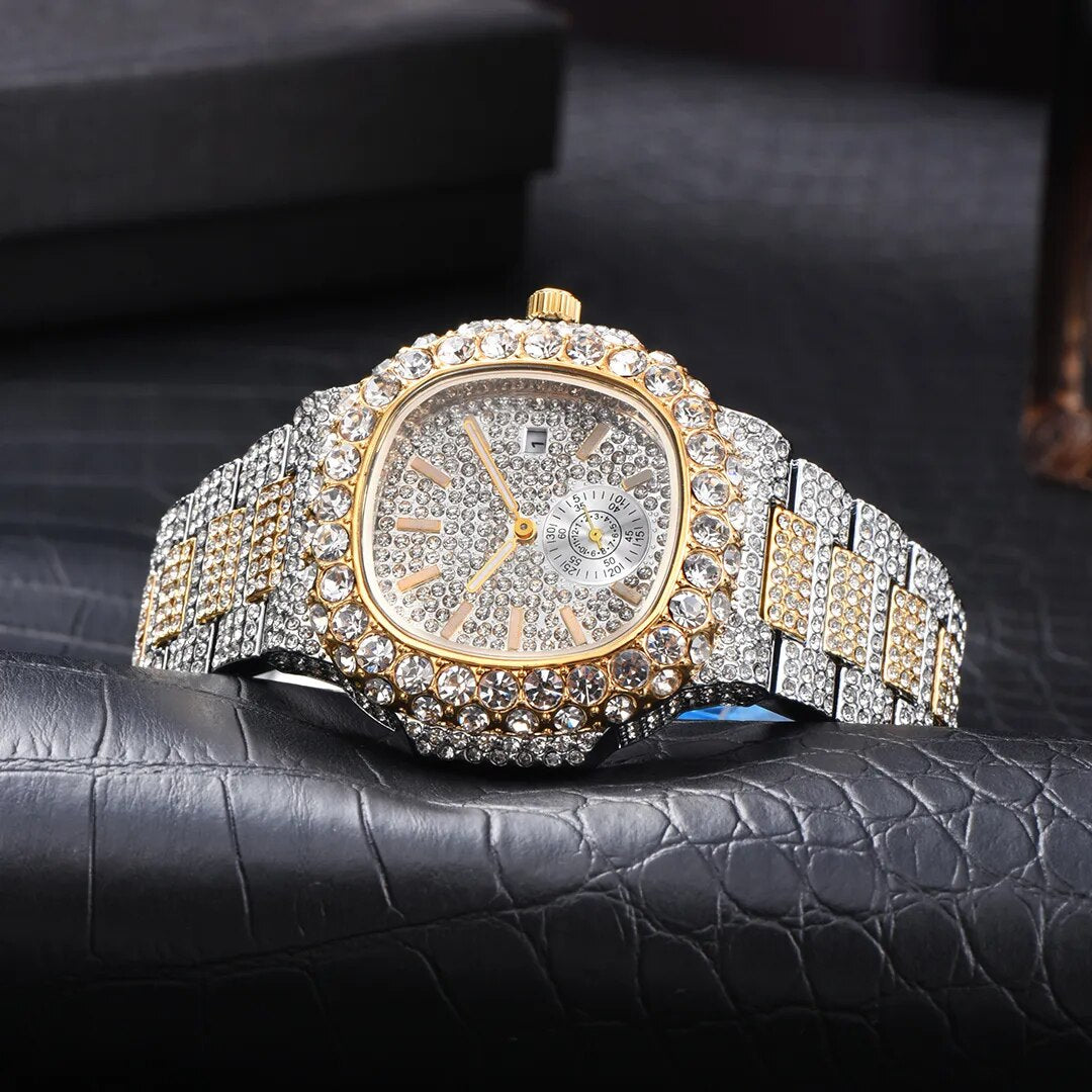 Iced Fully-Diamond Horizontally Embossed Dial 18K Gold Watch