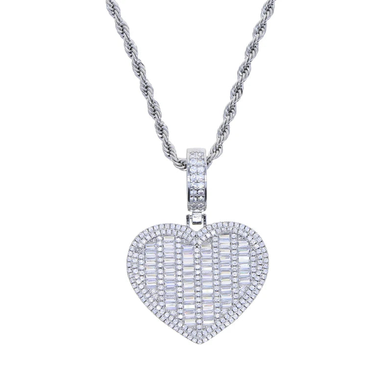 Iced Out Baguette Heart Shape Pendant Necklace