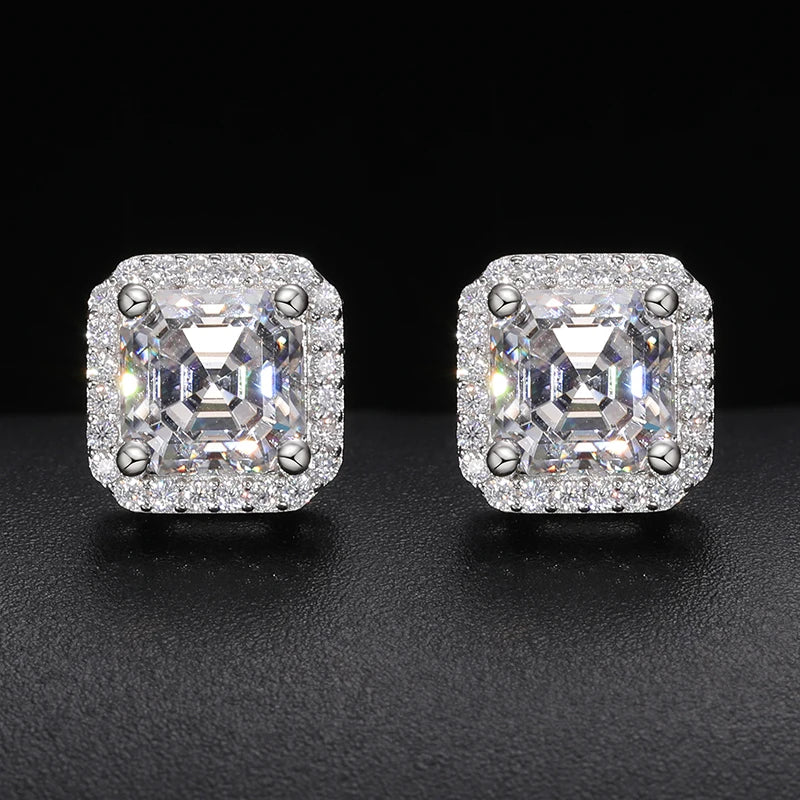 S925 Moissanite Asscher Cut Halo Stud Earrings