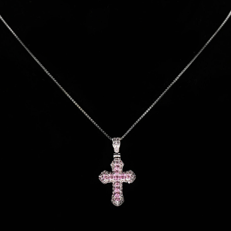 925 Sterling Silver Pink Baguette Cross Pendant