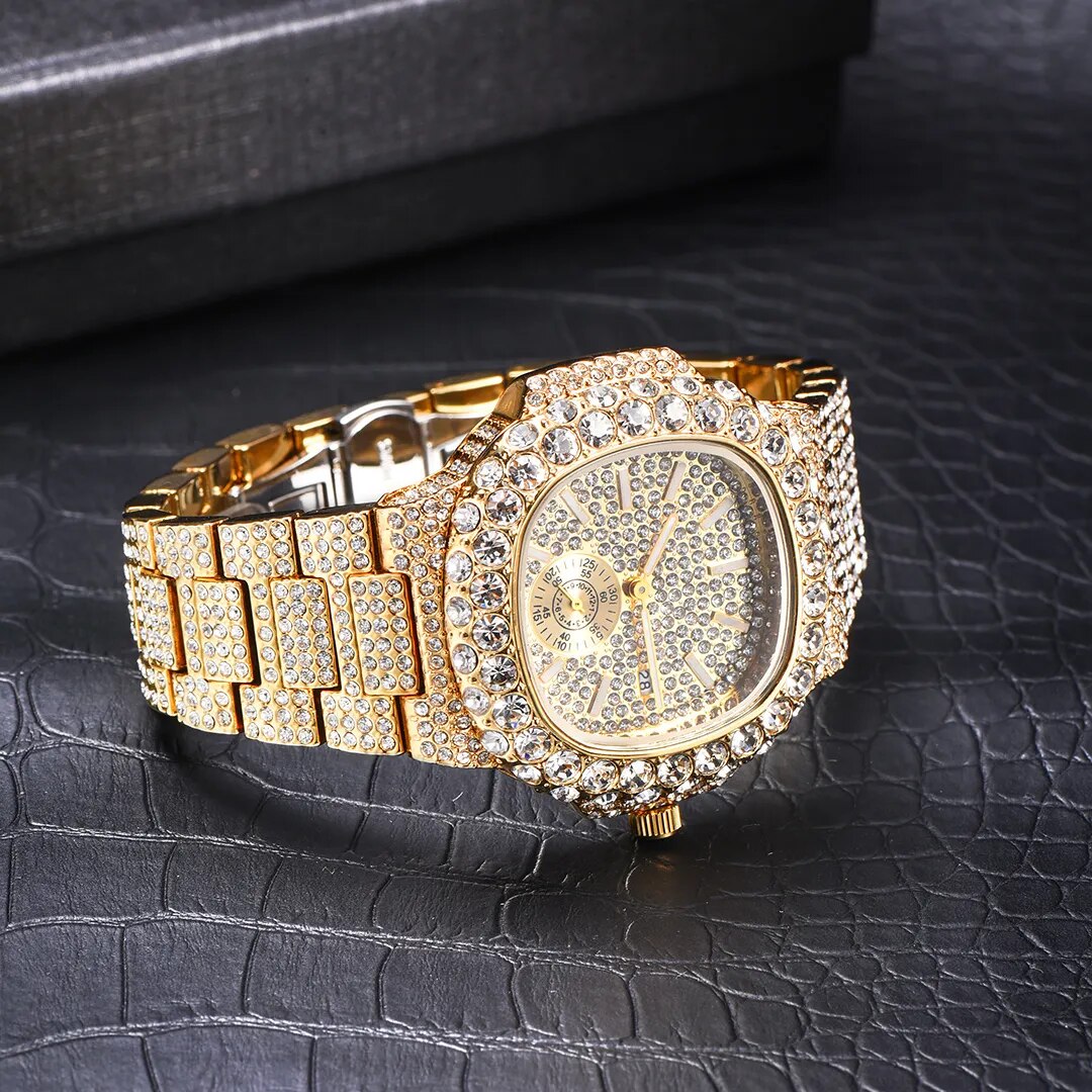 Iced Fully-Diamond Horizontally Embossed Dial 18K Gold Watch