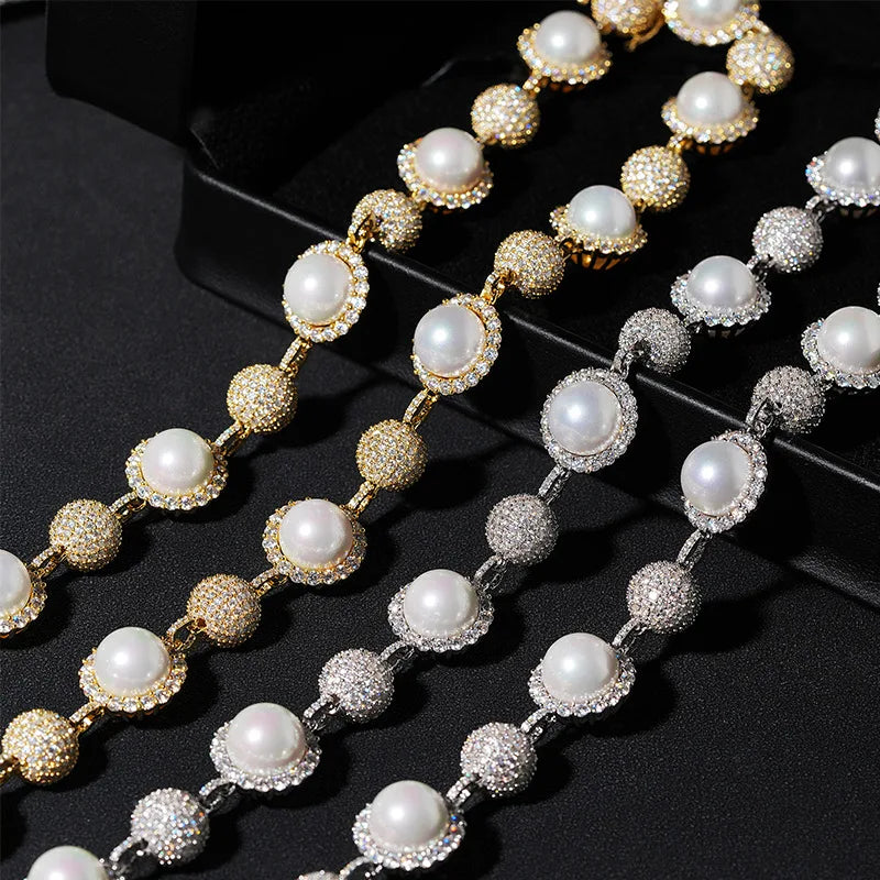S925 Gold Moissanite Iced Pearl Beaded-Ball Link Chain - 10mm