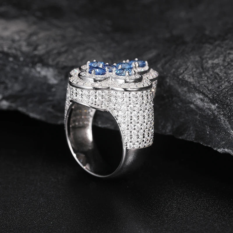 S925 ROUND CUT BLUE TENNIS CROSS GEMSTONE MOISSANITE DIAMOND RING
