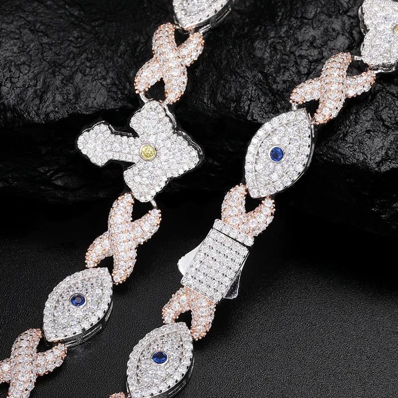 S925 Moissanite Devil Eye Cross Infinity Cuban Link Chain Bracelet or Necklace - 19.5mm