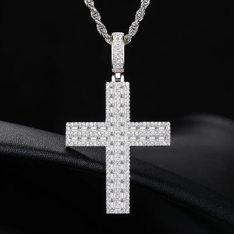 S925 Moissanite 2 Rows Baguette Diamond Cross Pendant