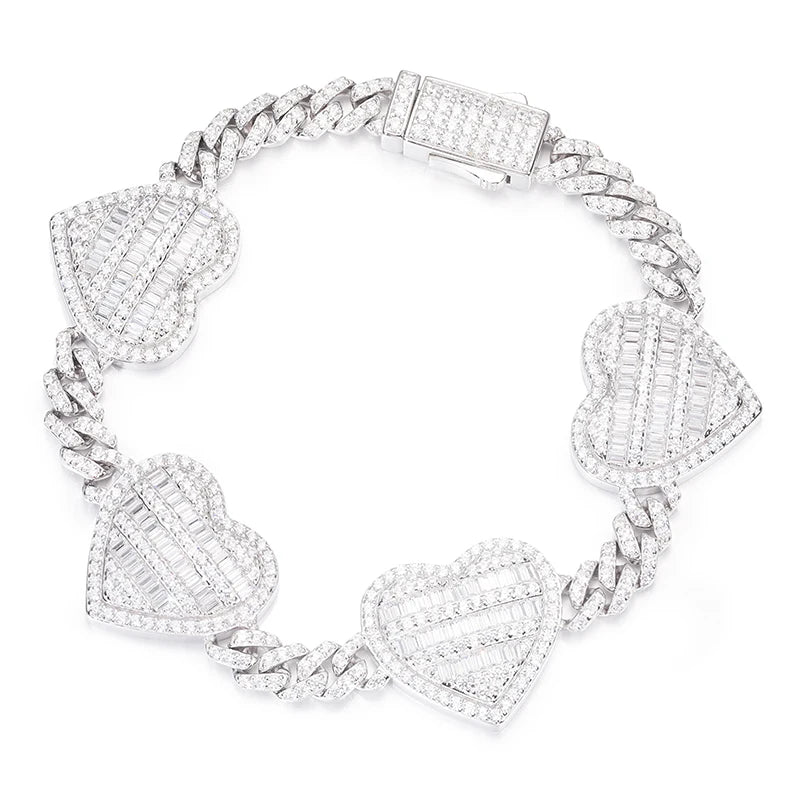 S925 Moissanite Diamond Baguette Heart Cuban Link Bracelet