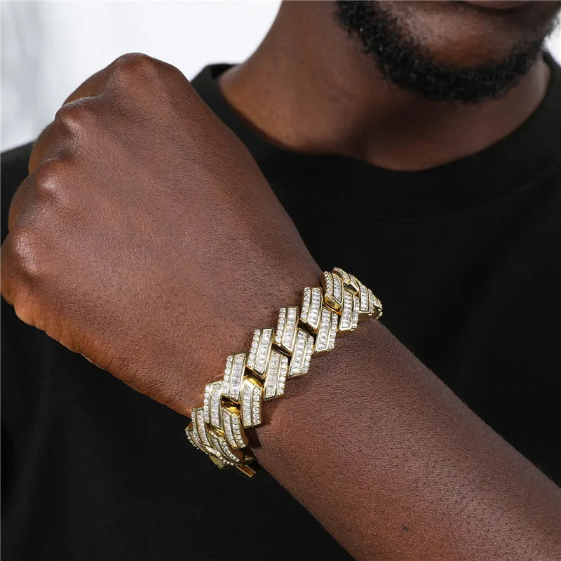 Diamond Prong Baguette Curved Cuban Link Chain Necklace/Bracelet - 19mm