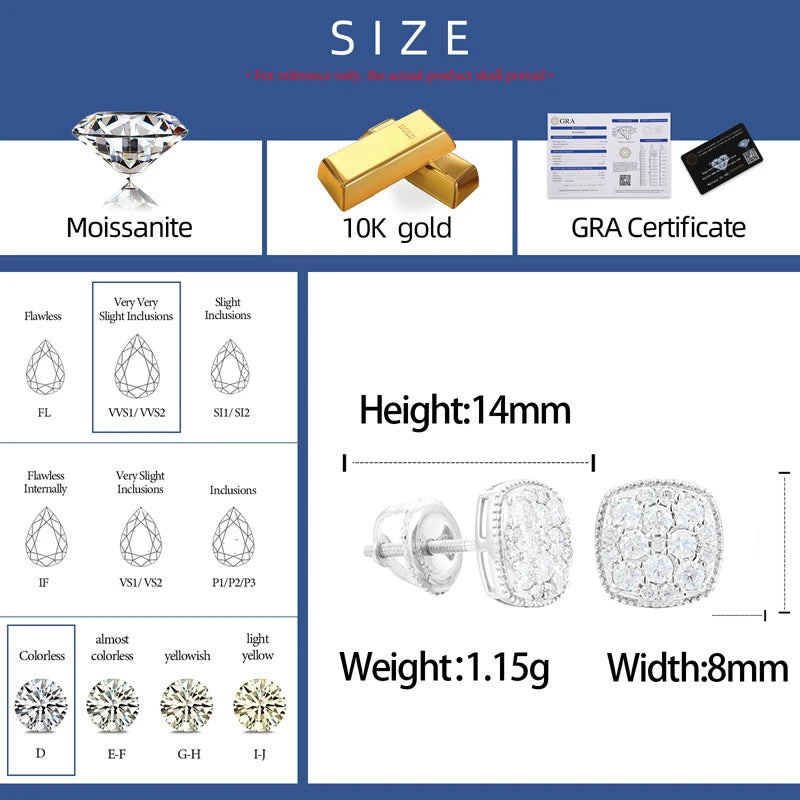 S925 Moissanite Diamond Cushion Setting Stud Earrings