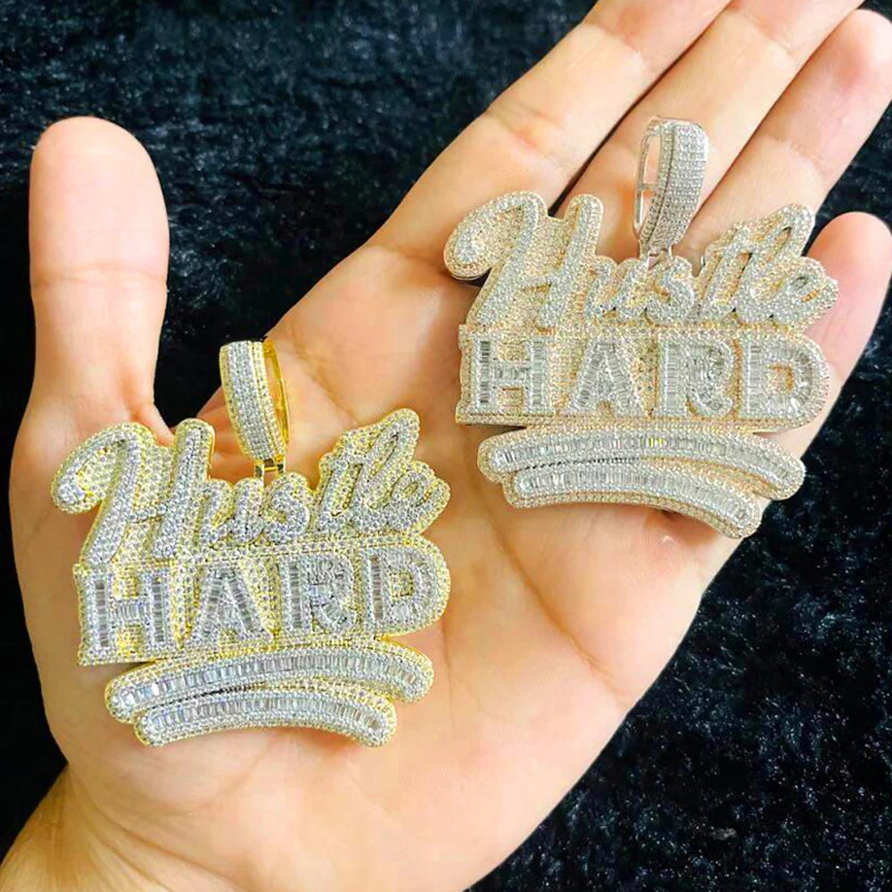 Iced Out Hustle Hard Baguette Letter Diamond Pendant