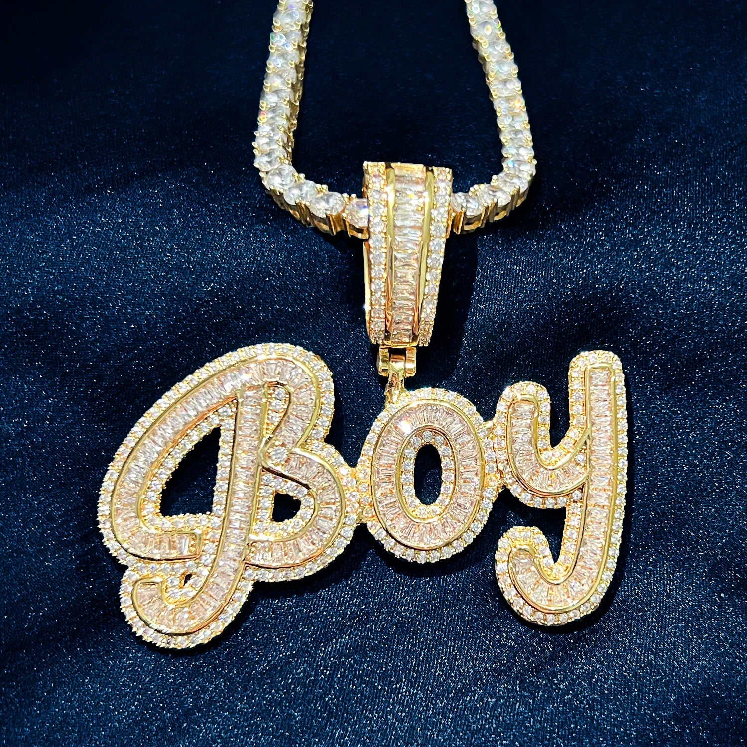 Custom Cursive Layered Baguette Letter Pendant - Icedgame & Co