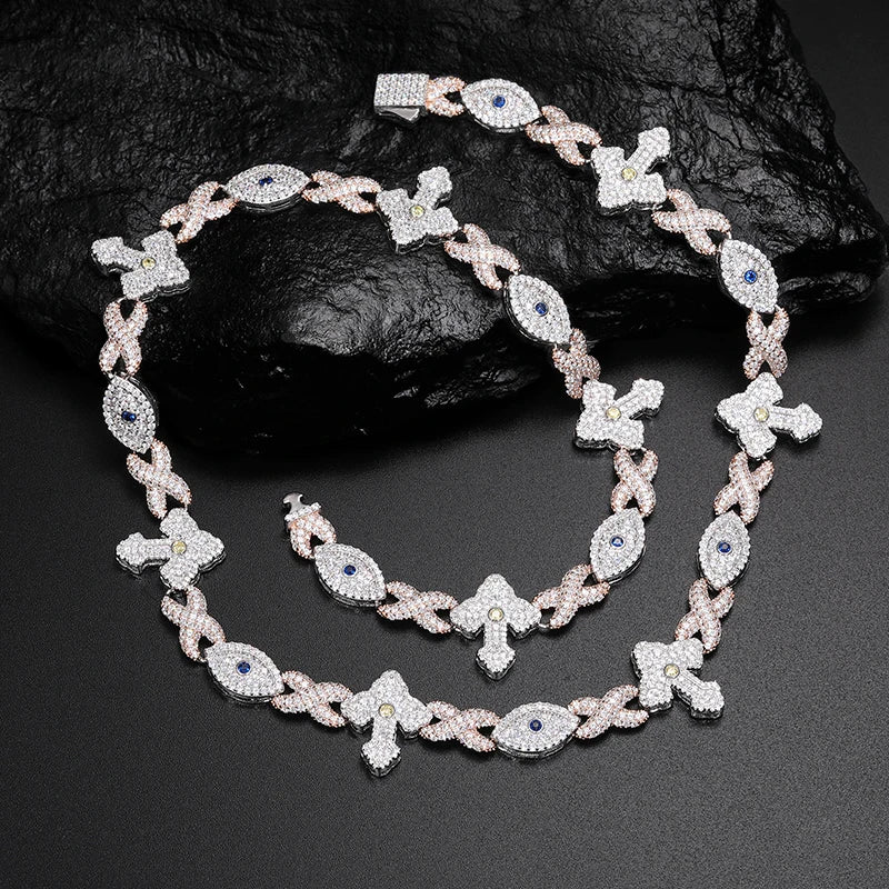 S925 Moissanite Devil Eye Cross Infinity Cuban Link Chain Bracelet or Necklace - 19.5mm