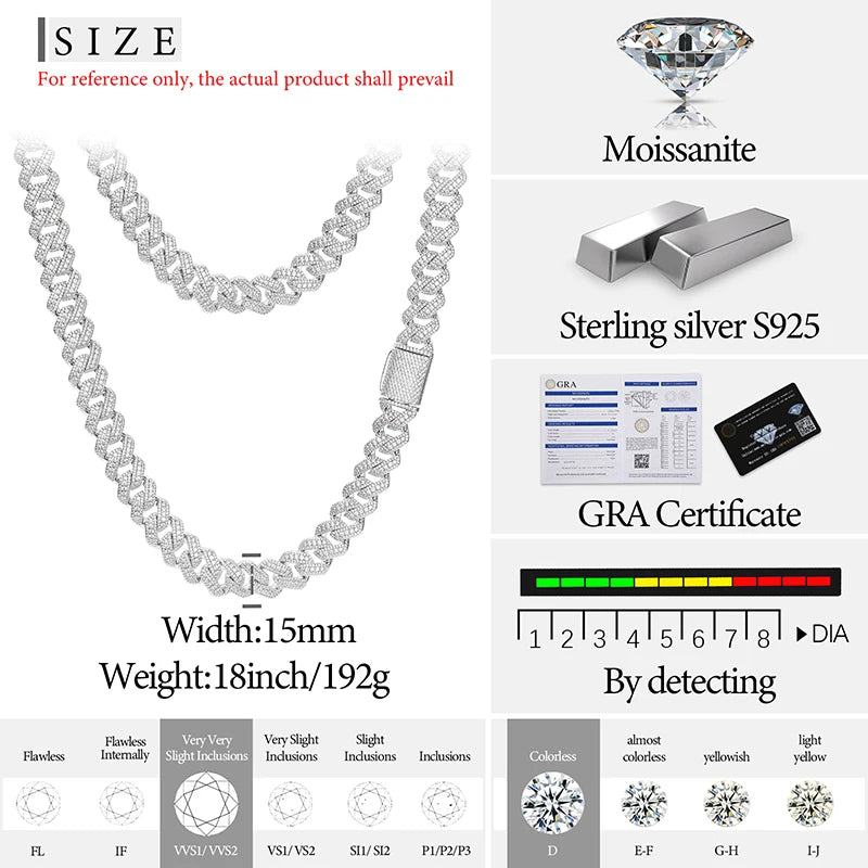 S925 Moissanite Diamond Prong Cuban Link Chain Necklace and Bracelet - 15mm