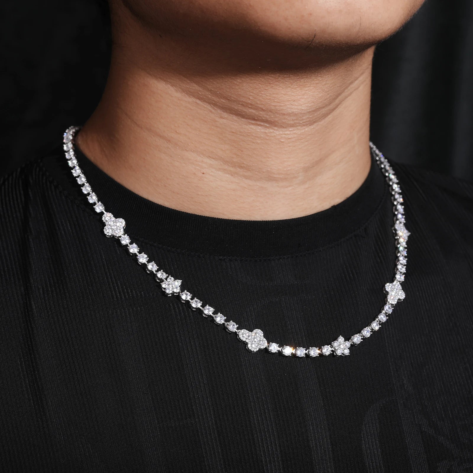 S925 Moissanite Mixed Flower Cross Tennis Diamond Necklace - White Gold