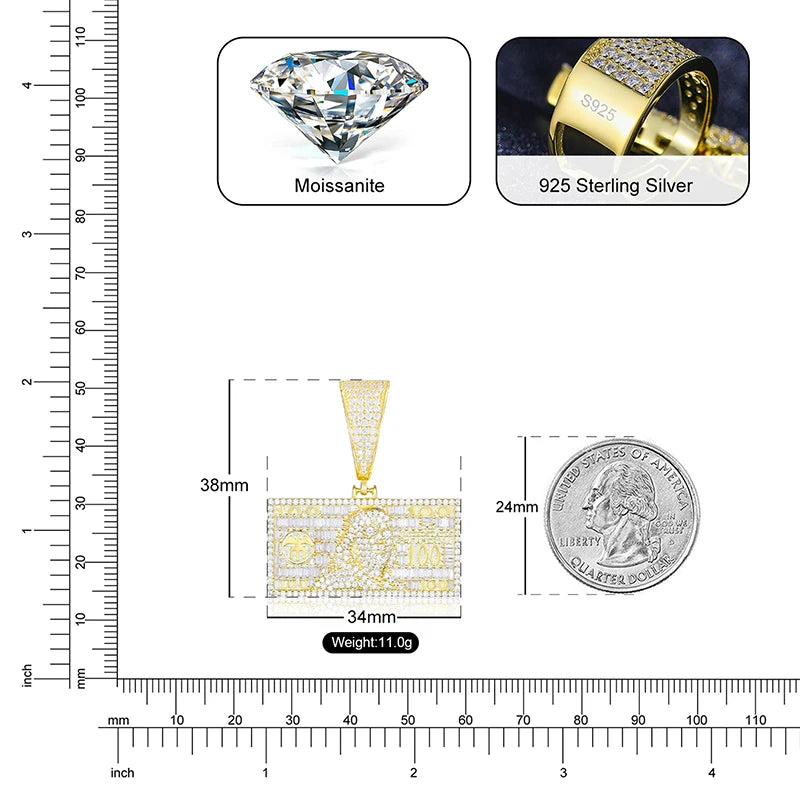 S925 Moissanite Diamond Dollar Bill Pendant Necklace