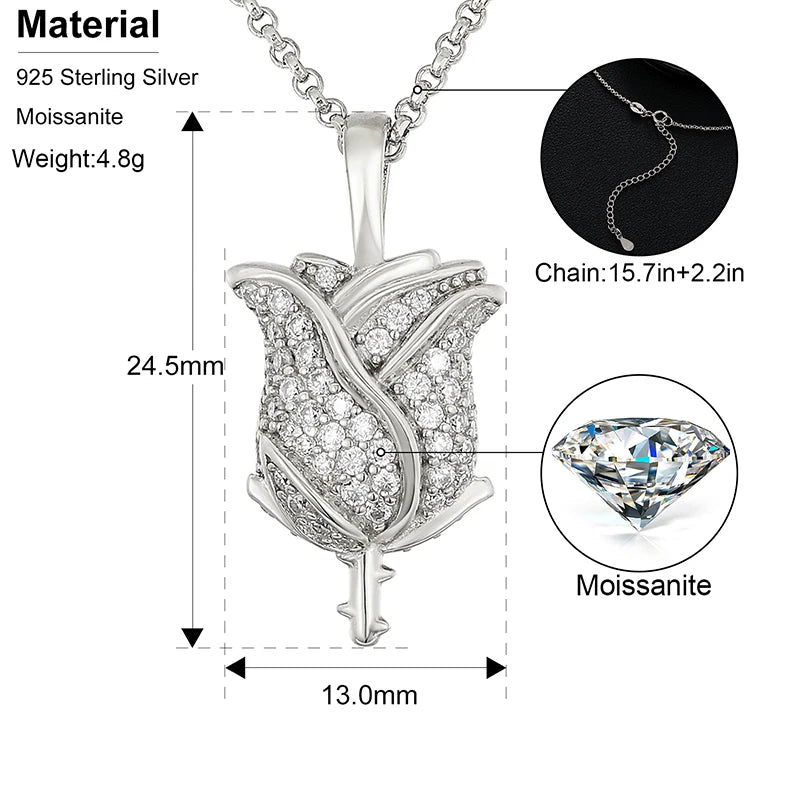 S925 Moissanite Mini Iced Out Baguette Rose Flower Diamond Pendant