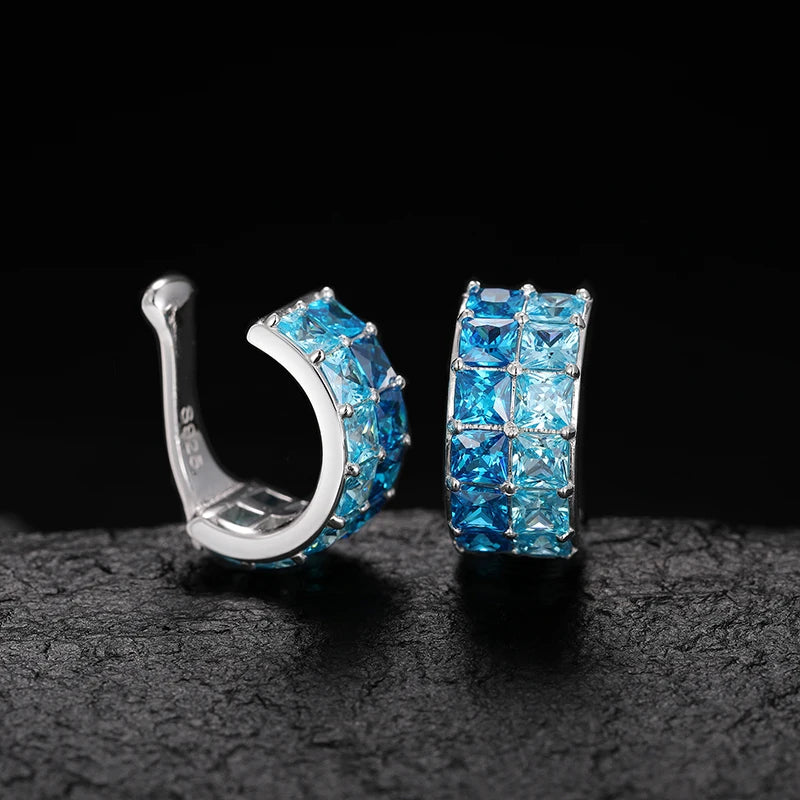 S925 Double Rows Square Cut Blue Diamond Stone Earcuff - Icedgame & Co