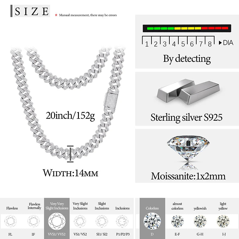 S925 Moissanite Prong Baguette Diamond Cuban Link Chain Necklace - 14mm