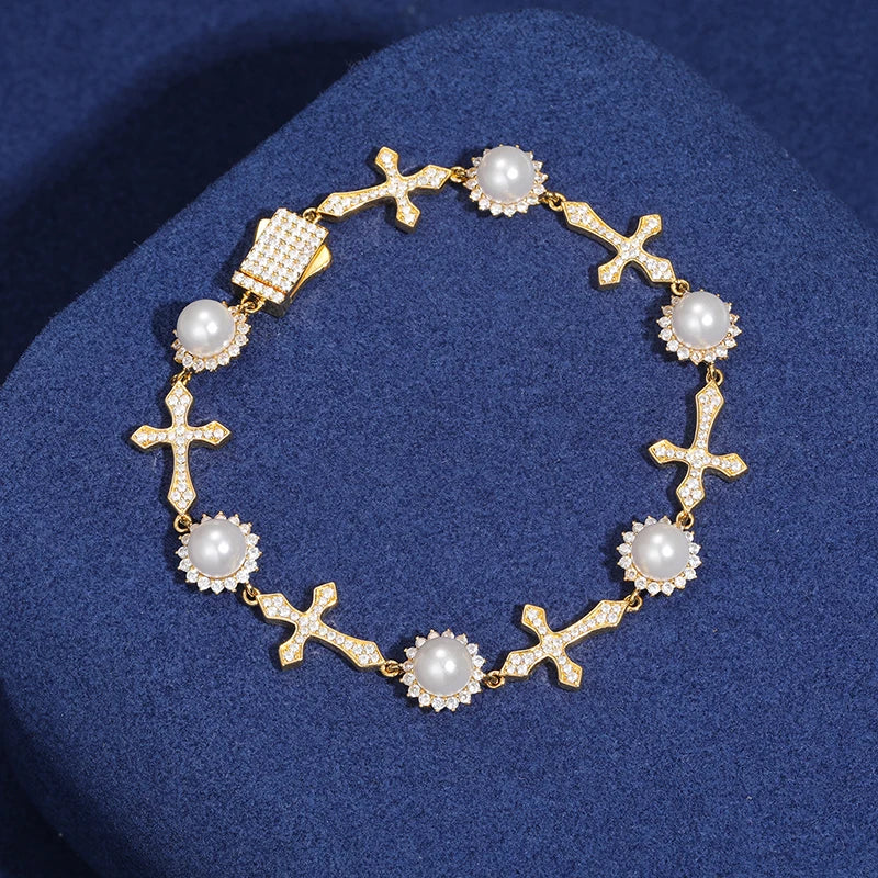 S925 Moissanite Pearl Halo Cross Link Bracelet - White Gold