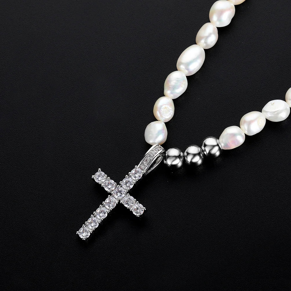 Pearl Diamond Cross Pendant Necklace