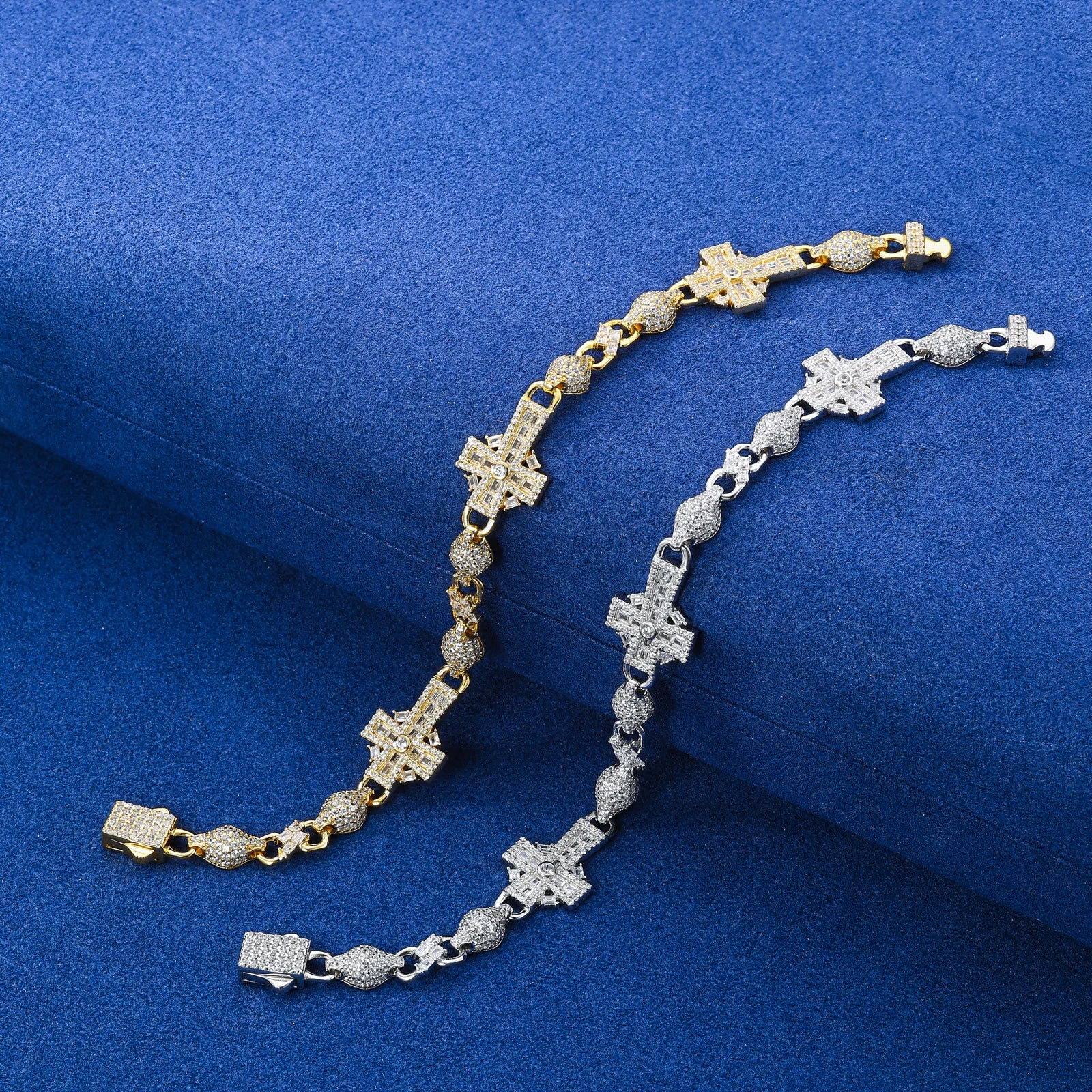 S925 Moissanite Diamond Iced Royal Cross Link Bracelet - 14mm
