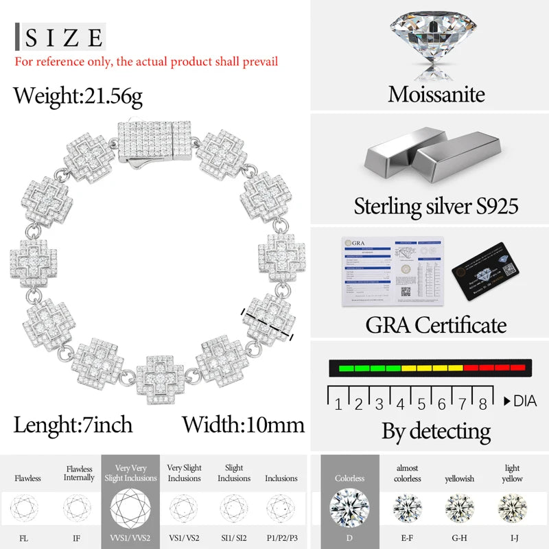 S925 Moissanite Baguette Motif Cross Bracelet