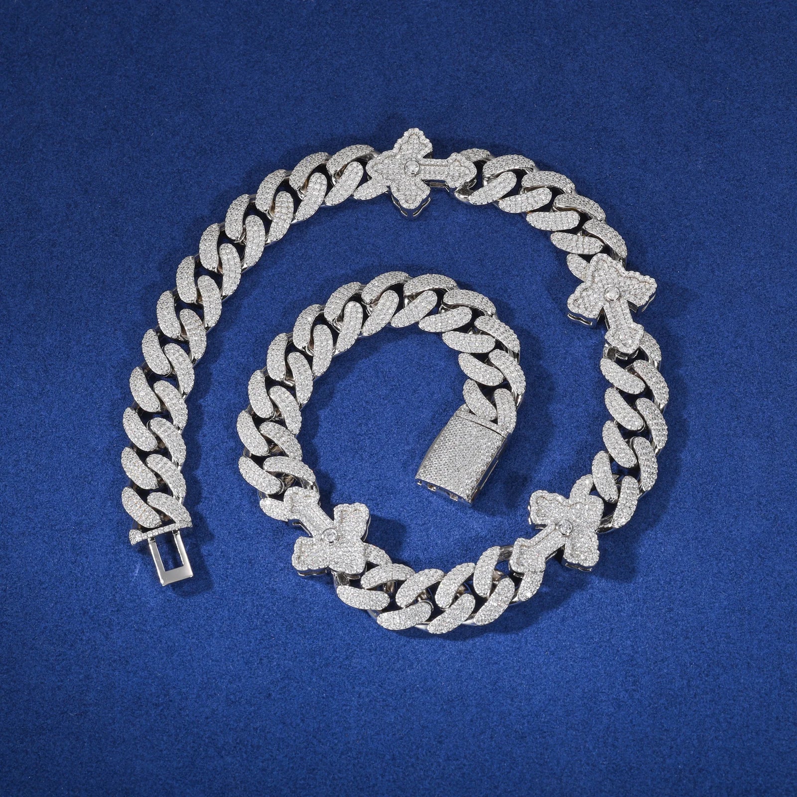 S925 Moissanite Royal Cross Stationed Cuban Link Chain - 23mm