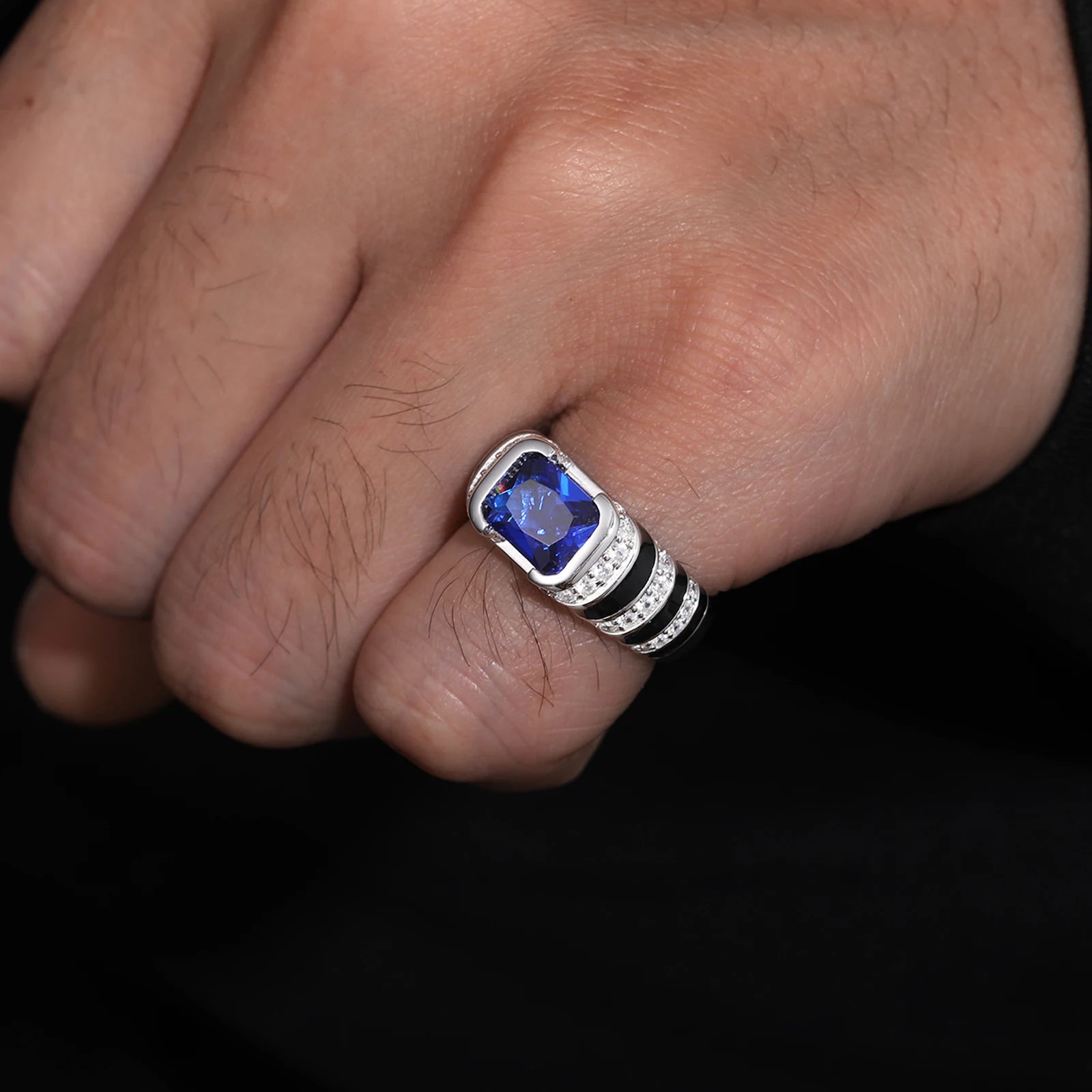 S925 Blue Sapphire and Black Enamel Emerald Cut Ring