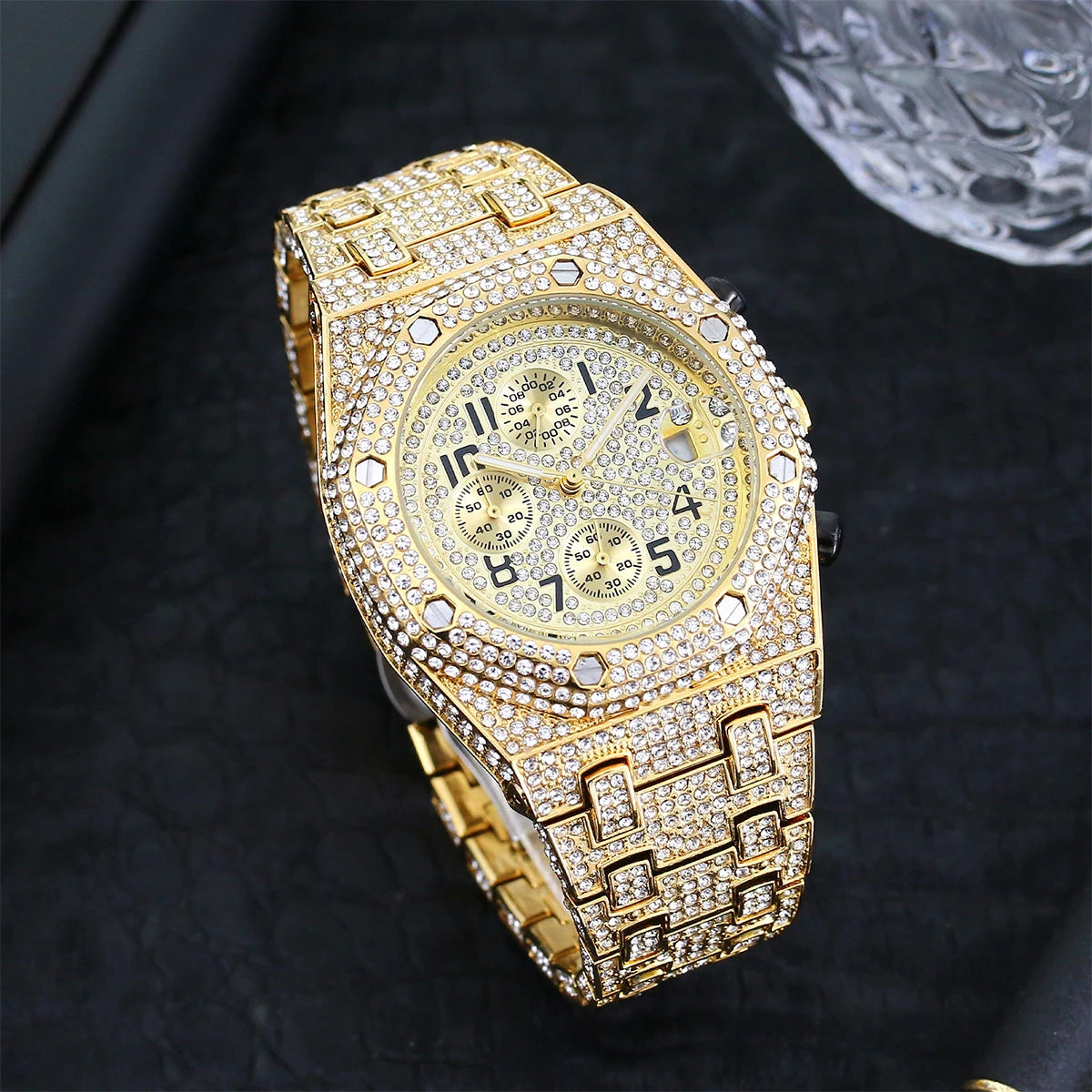 LUXURY BUST DOWN ARABIC NUMERALS ICED OUT DIAMOND WATCH - GOLD/WHITE GOLD