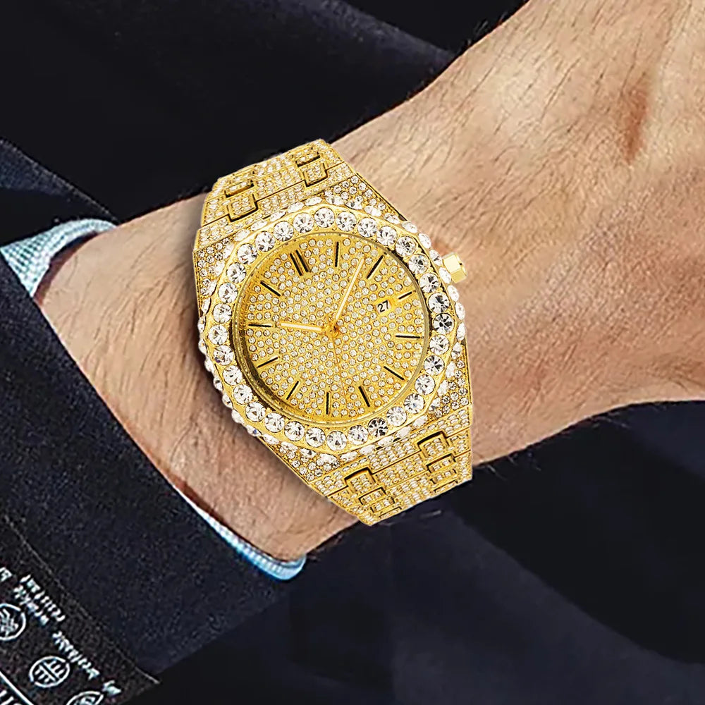FULLY ICED OUT DIAMOND BEZEL ROMAN NUMERAL WATCH