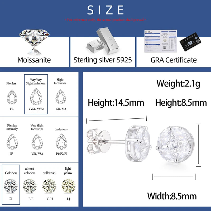 S925 Moissanite Round Star Stud Earrings - White Gold