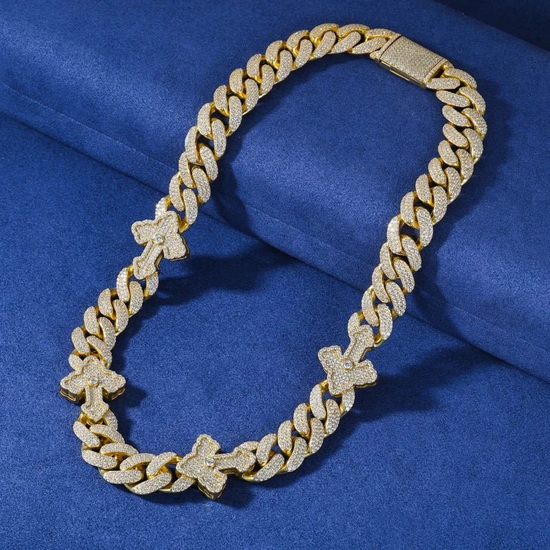 S925 Moissanite Royal Cross Stationed Cuban Link Chain - 23mm