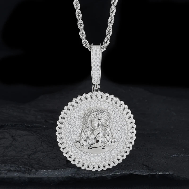 S925 Moissanite Diamond Cuban Round Frame Jesus Pendant