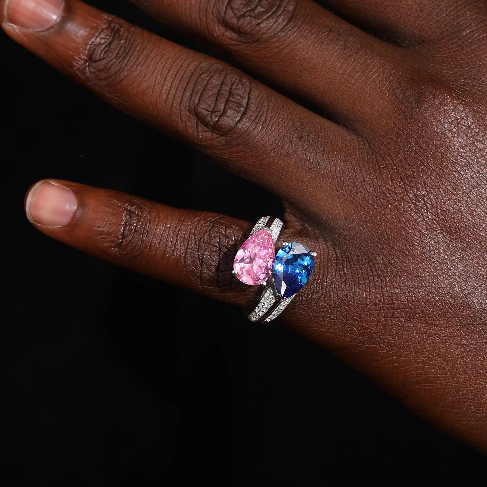 S925 Moissanite Pink & Blue Gem Ring